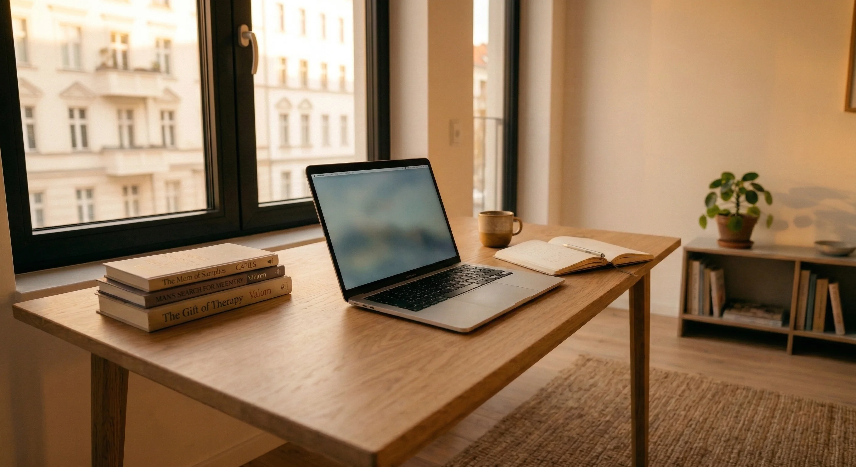 Calm workspace prepared for online therapy conversation