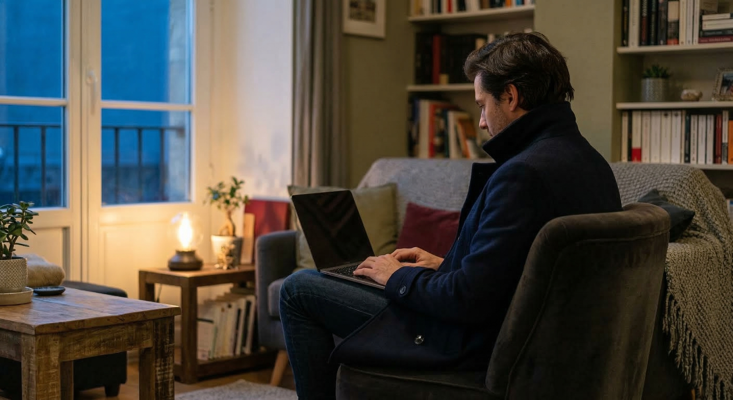 Person attending online therapy session from calm home environment