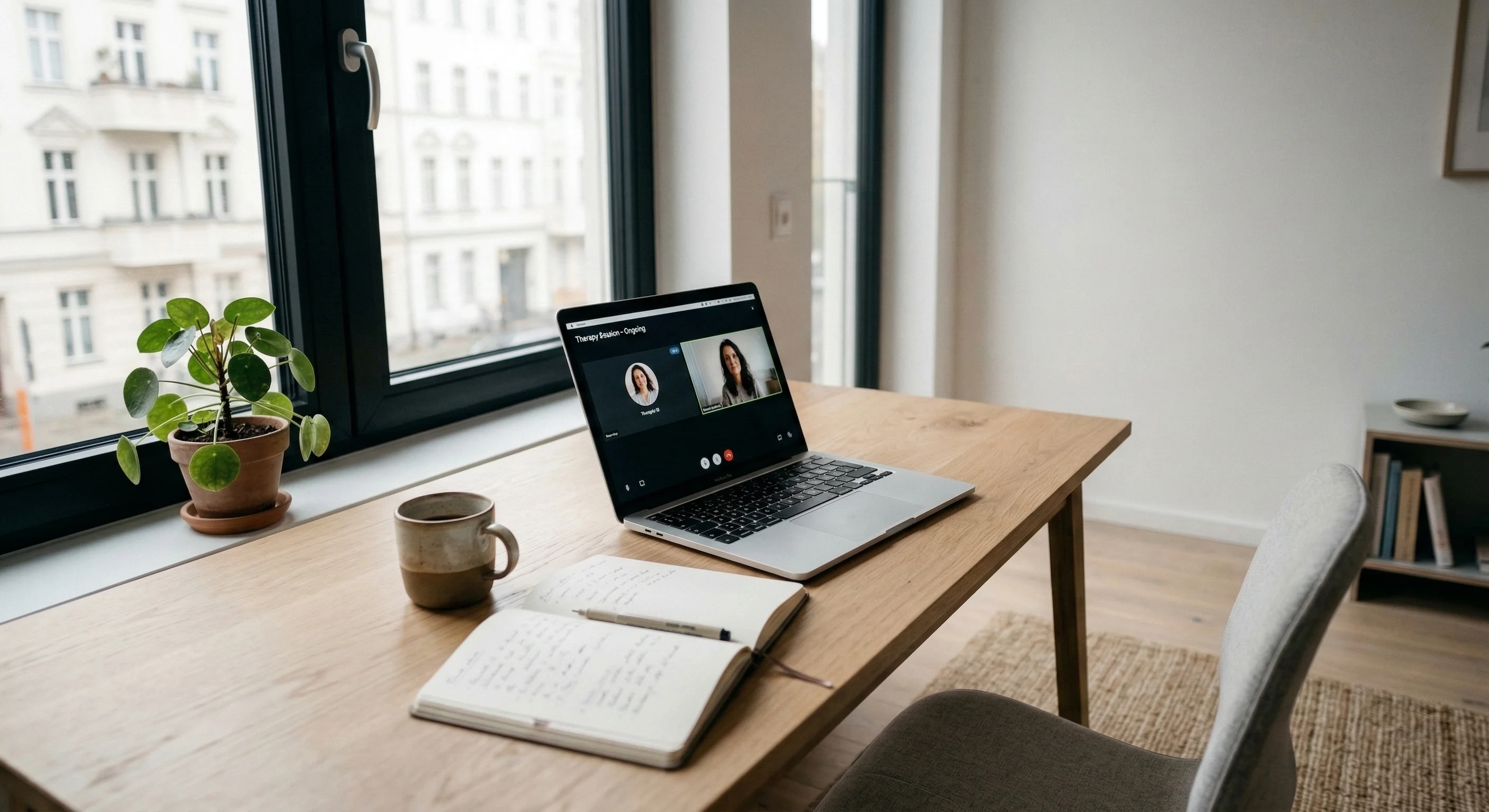 Therapist preparing notes before an online therapy session