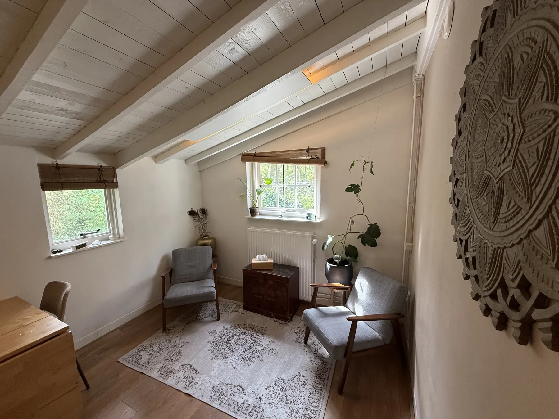 The Ontara Therapy studio in Leiden — a calm attic room with two armchairs and plants