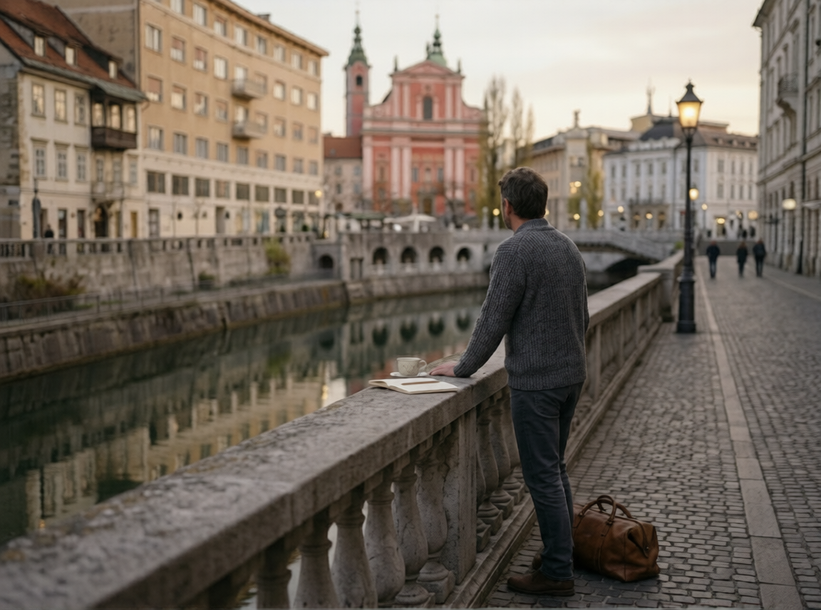 A person looking out at a new city skyline, reflecting on their transition