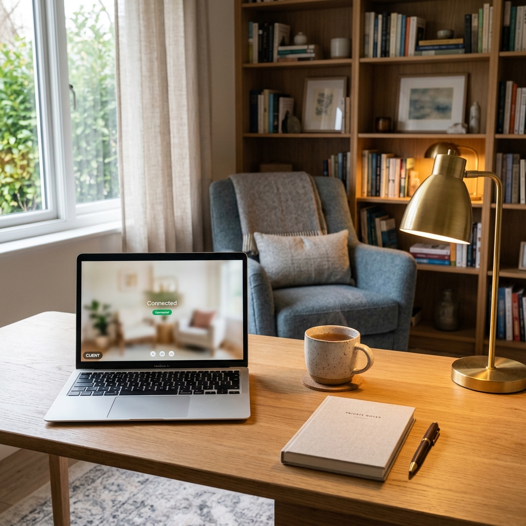 A laptop on a clean desk with a cup of tea, prepared for a therapy session
