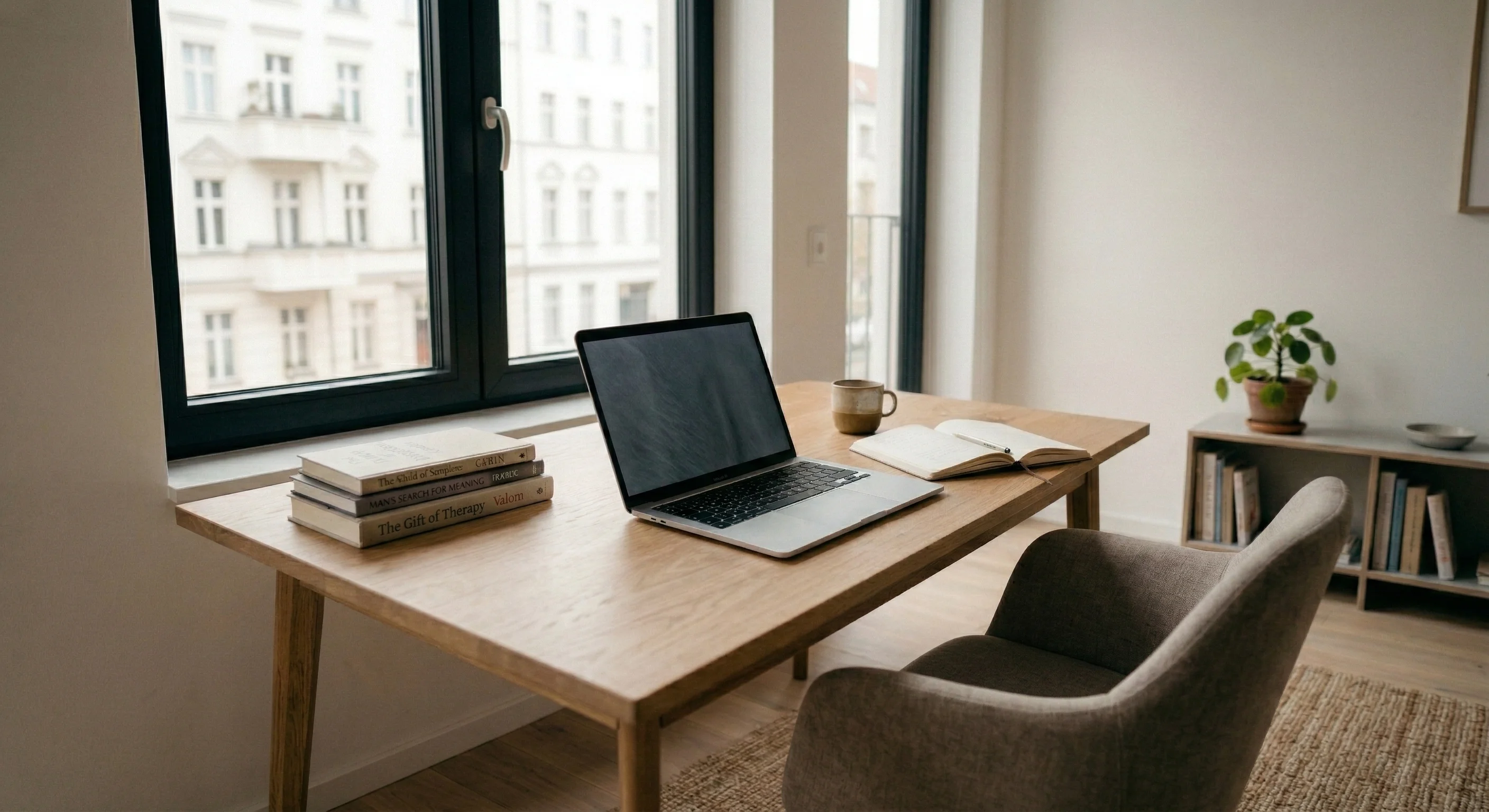 Minimalist workspace prepared for online psychotherapy session